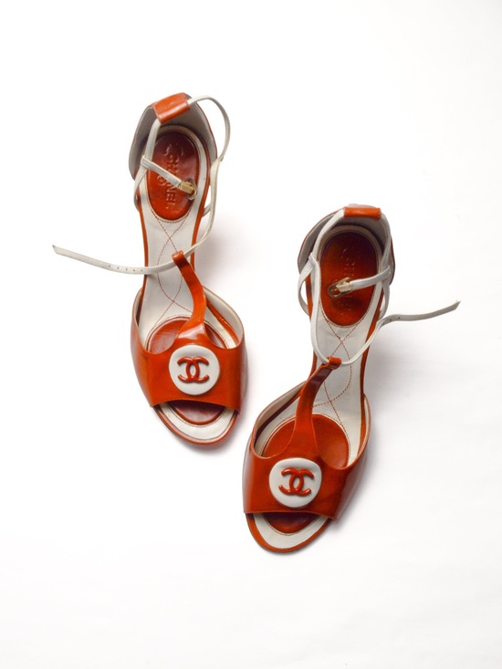 CHANEL Shoes - CHANEL Orange and White Leather T-Strap Sandals